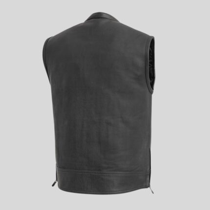 "Men's black leather vest back view"