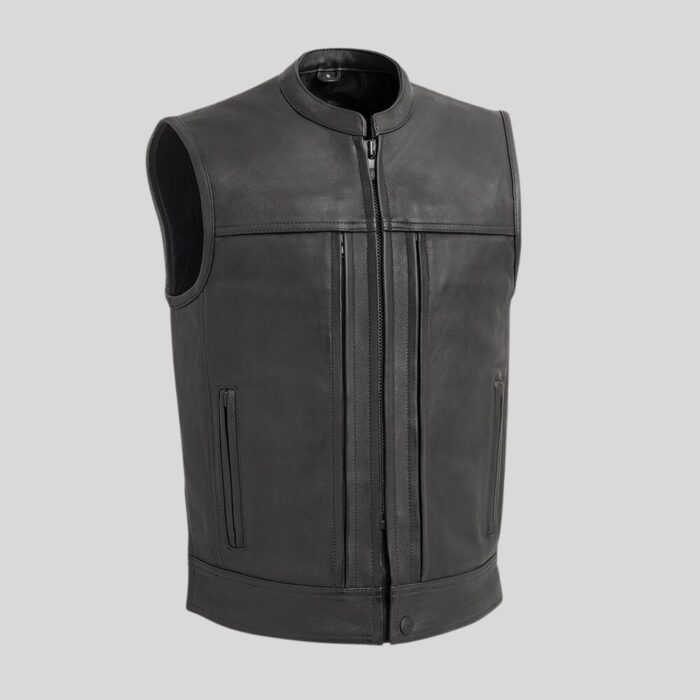 "Men's black leather vest front view"