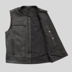 "Men's black leather vest side view"