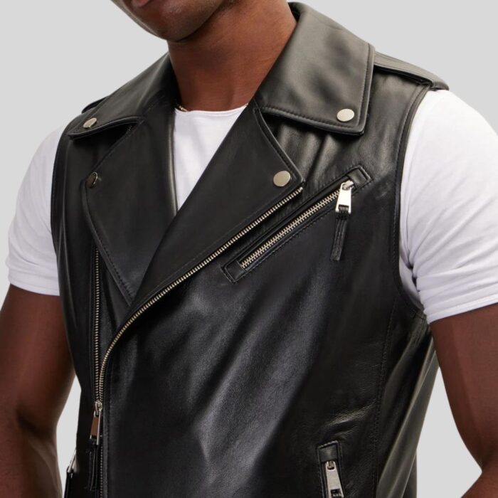 "Men's leather biker vest - Close-up view"