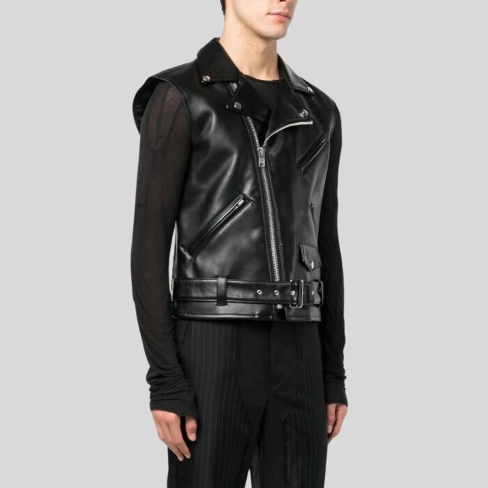 "Side view of black leather vest for men"