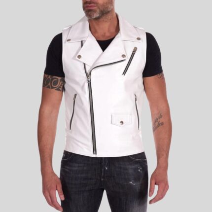 "White leather vest for men - full front view"