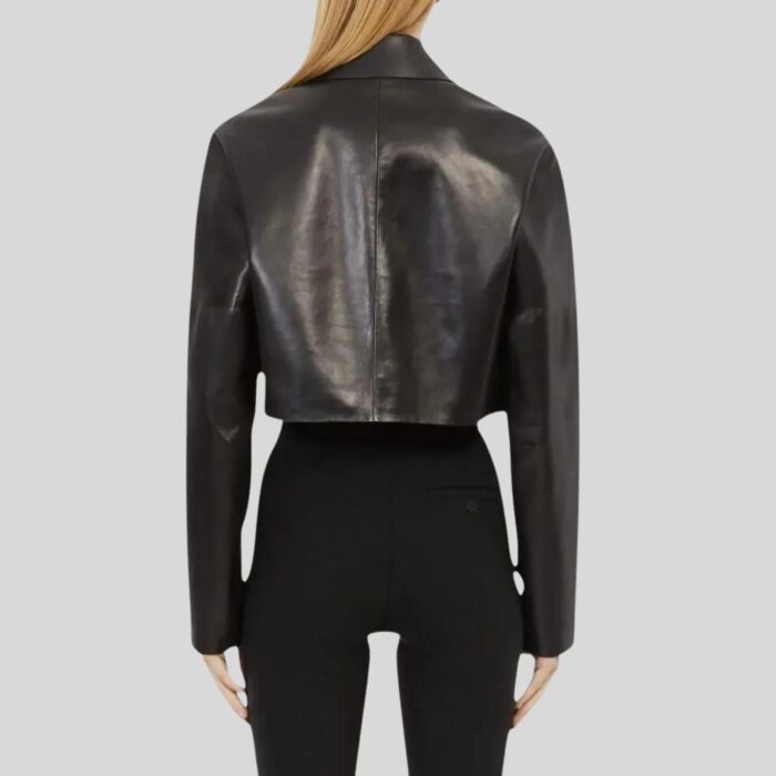 Back view of Cropped Black Leather Jacket For Women