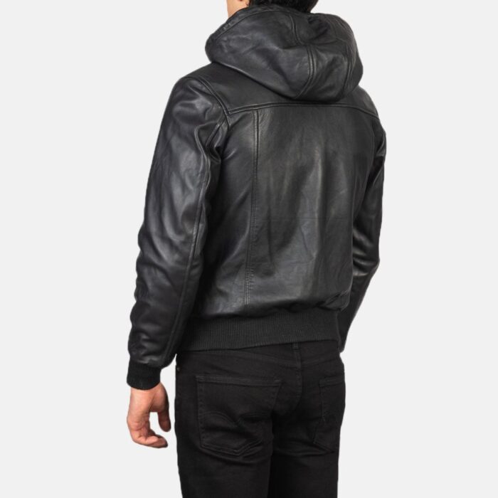 Back view of Leather Hooded Bomber Jacket