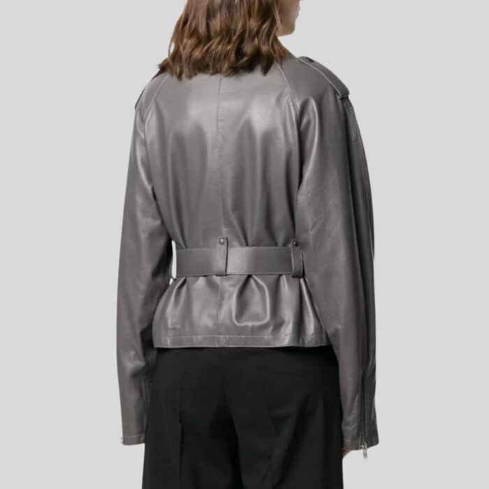 Back view of a belted leather jacket.