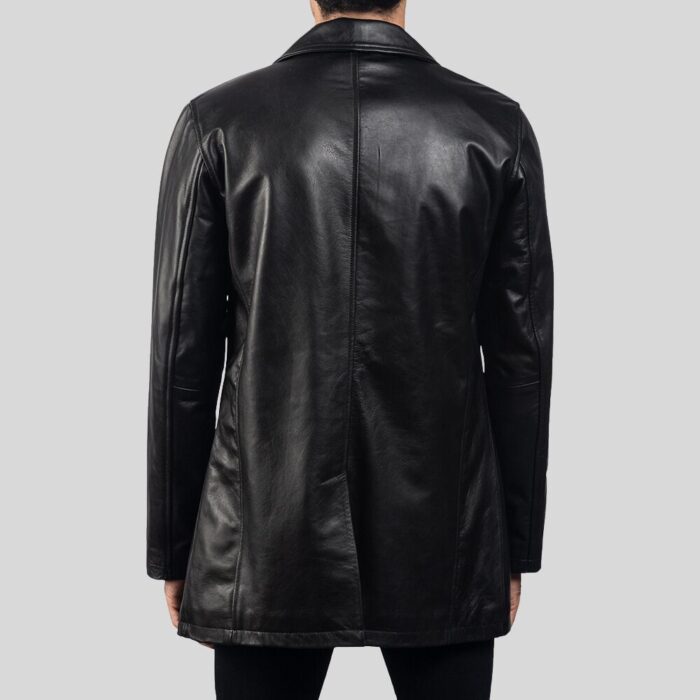 Back view of a black leather coat