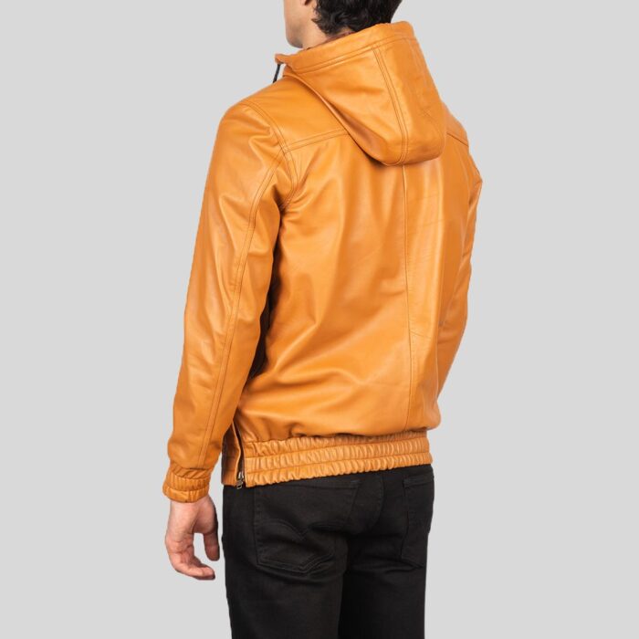 Back view of a brown leather jacket with hood