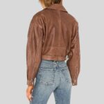 Back view of a cropped brown leather jacket