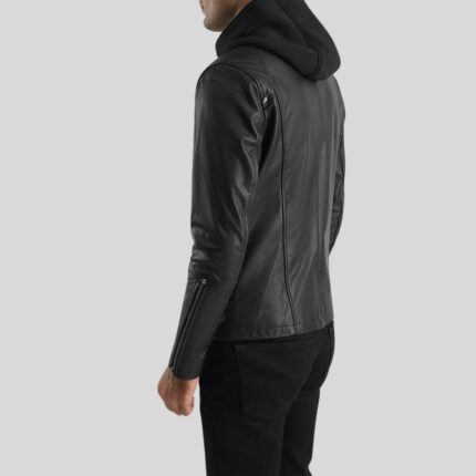 Back view of a leather bomber jacket with hood