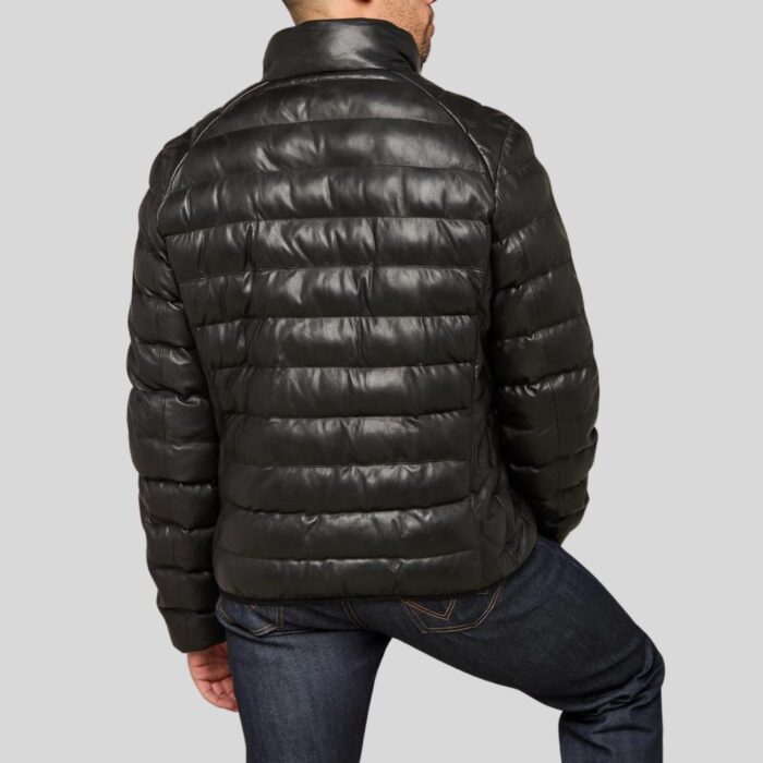 Back view of a men's black leather puffer jacket