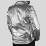 Back view of a silver leather jacket for men