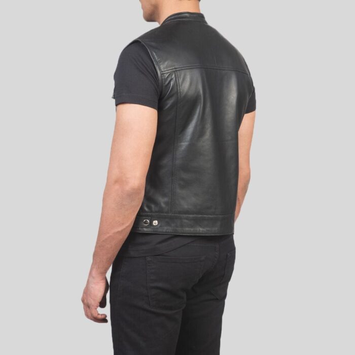 Back view of black leather vest for men