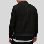 Back view of black suede bomber jacket for men