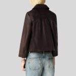 Back view of brown cropped leather jacket