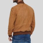 Back view of brown suede bomber jacket for men