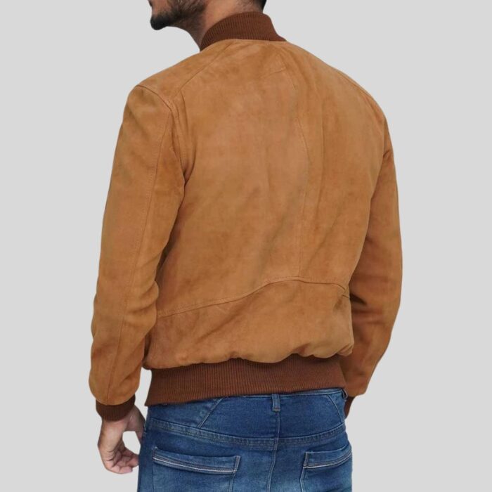 Back view of brown suede bomber jacket for men