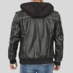 Back view of men's leather bomber jacket with hood