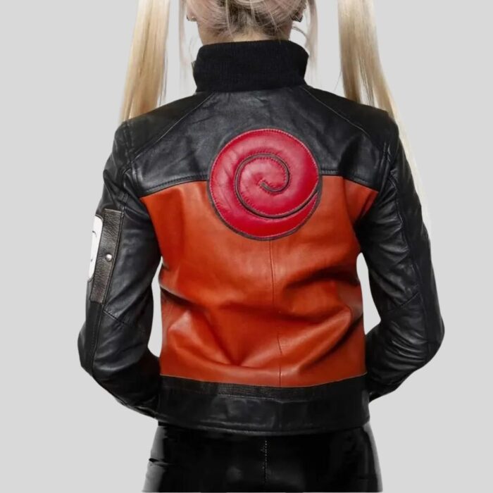 Back view of red and black leather jacket