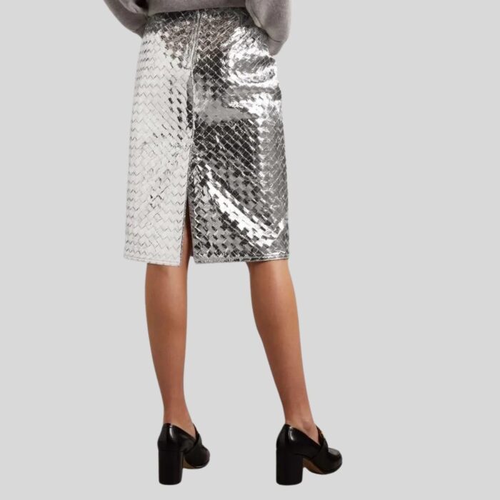 Back view of silver leather skirt