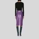 Back view of trendy leather purple skirt