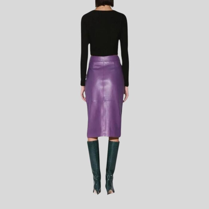 Back view of trendy leather purple skirt