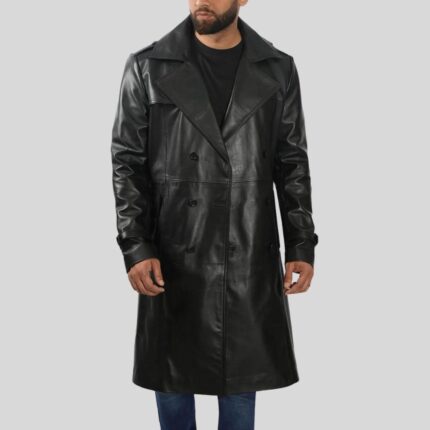 Black leather trench coat front view