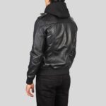 Black leather jacket with hood for men, back view