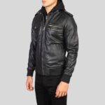 Black leather jacket with hood for men, side vie