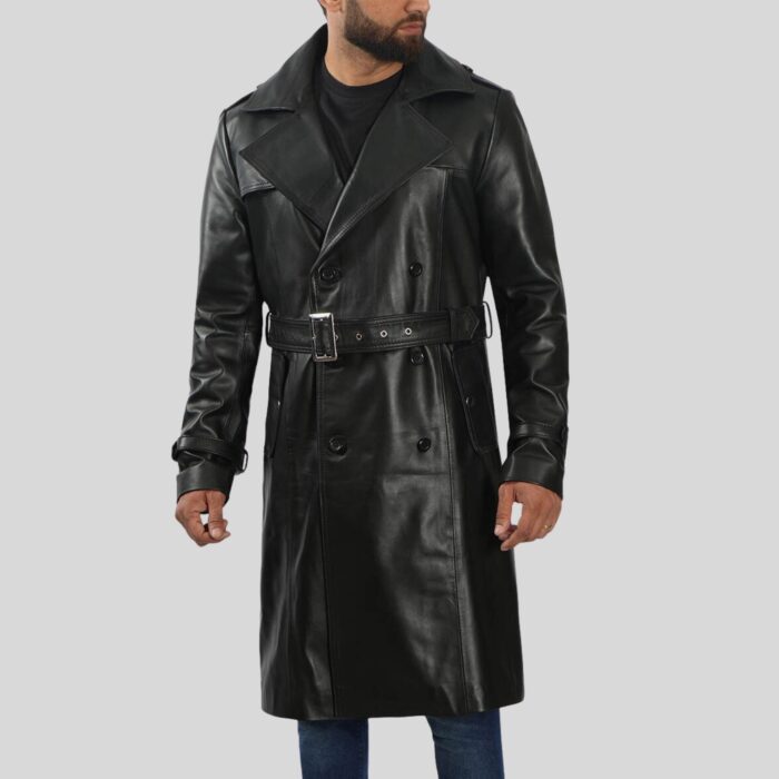 Black leather trench coat side view