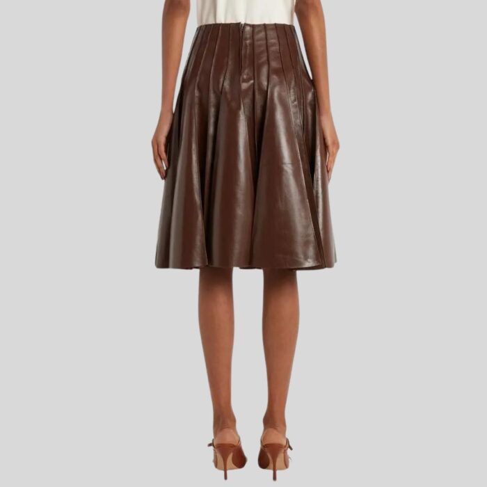 Brown Leather Pleated Skirt - Back View