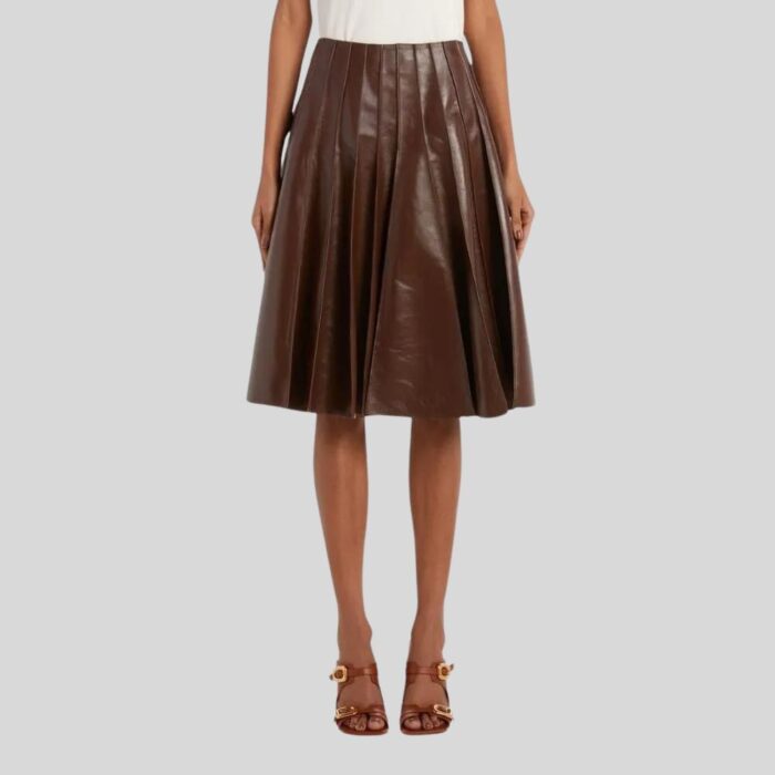 Brown Leather Pleated Skirt - Front View