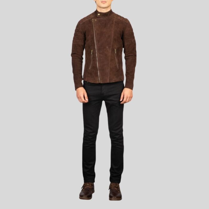 Full view of a brown suede jacket for men