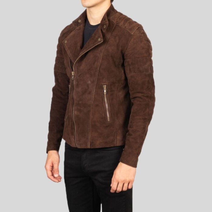 Side view of a brown suede jacket for men