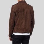 Brown suede jacket for men, back view.