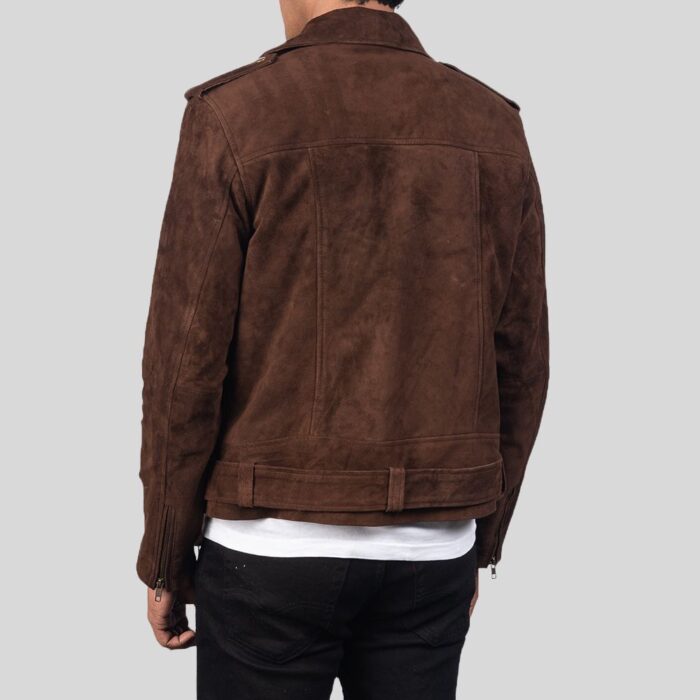 Brown suede jacket for men, back view.