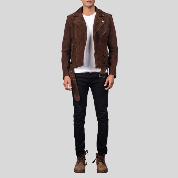 Brown suede jacket for men, front view.