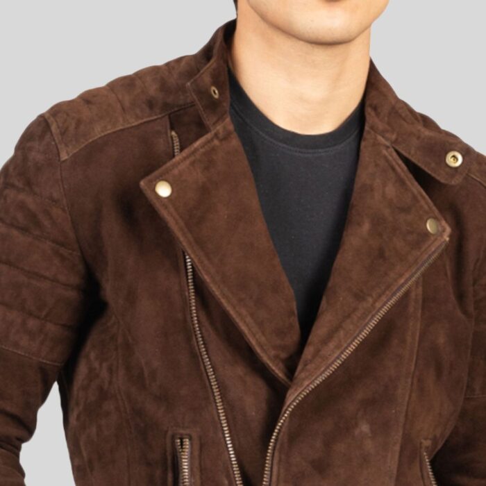 Close-up view of a brown suede jacket for men