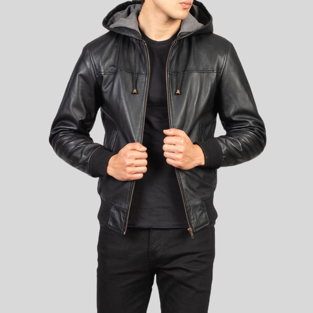 Close-up of Leather Hooded Bomber Jacket