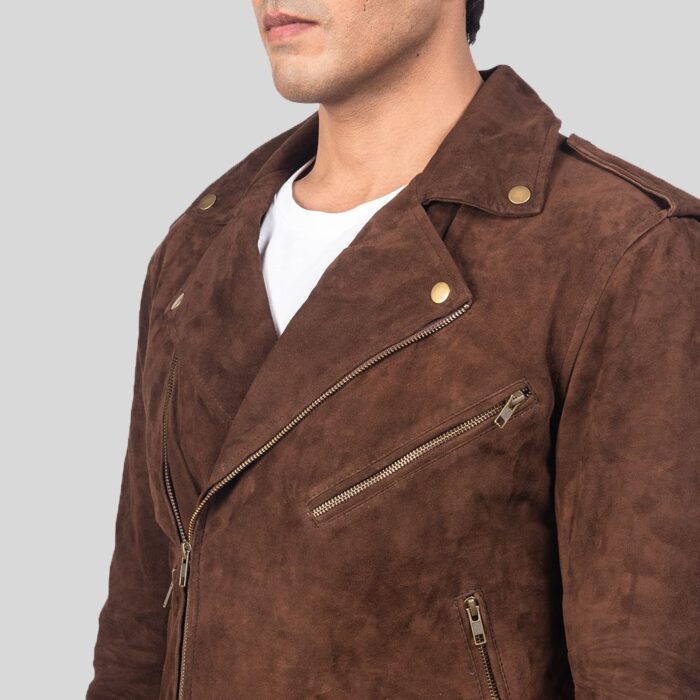 Close-up of a brown suede jacket for men.