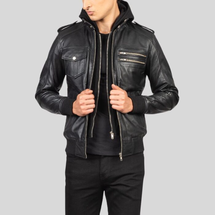 Close-up of black leather jacket with hood for men