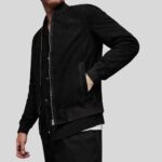 Close-up of black suede bomber jacket for men