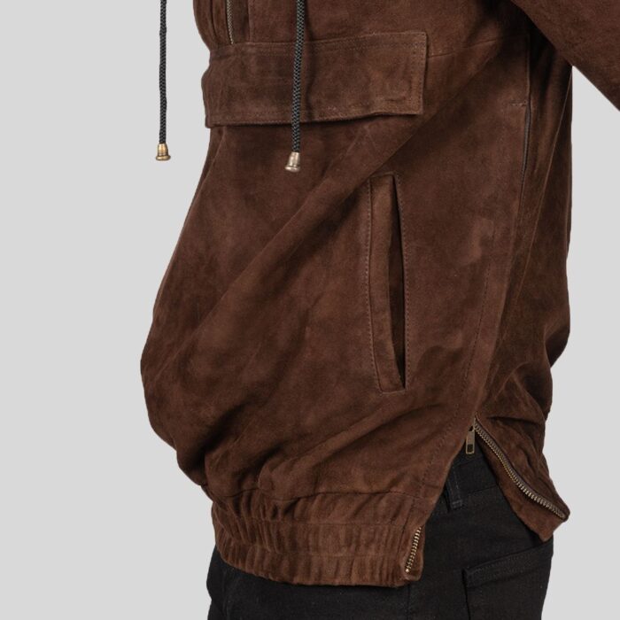 Close-up of details on men's suede jacket with hood