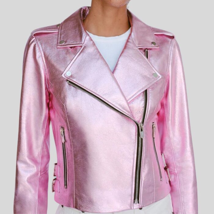 Close-up of pink metallic leather jacket