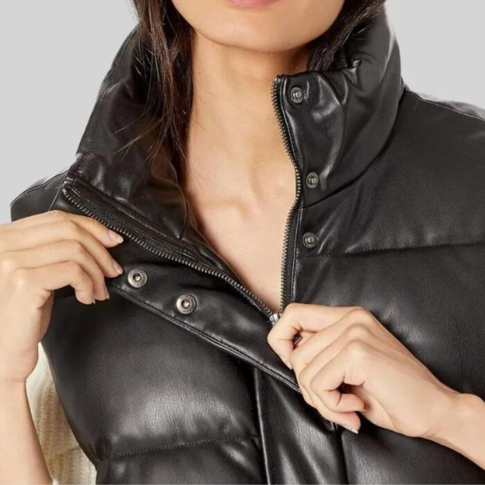 Close-up view of Black Puffer Leather Vest