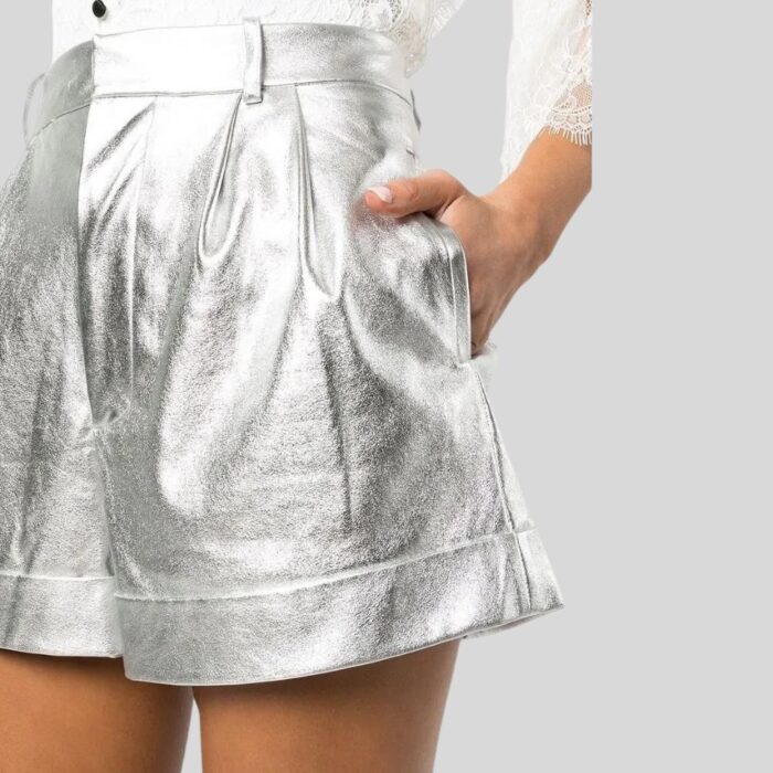 Close-up of silver leather shorts