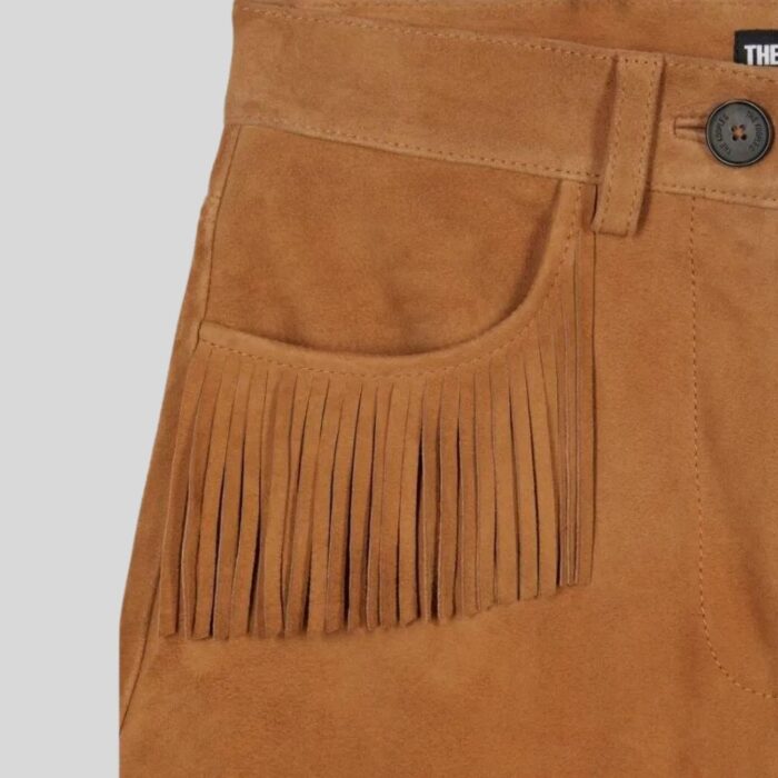 Close-up of details on tan leather shorts