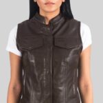 Close-up view of a brown leather vest for women