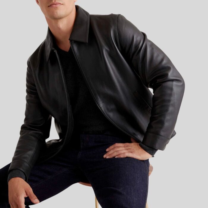 Close-up view of a men's black leather jacket