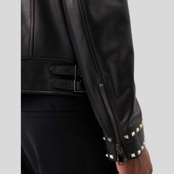 Close-up view of a studded leather jacket for men