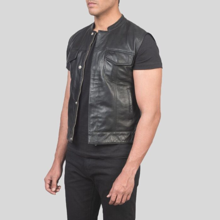 Close view of black leather vest for men